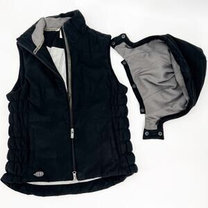 ExOfficio Hooded Puffer Vest Womens Small Black Micro Suede Removable Hood Vegan